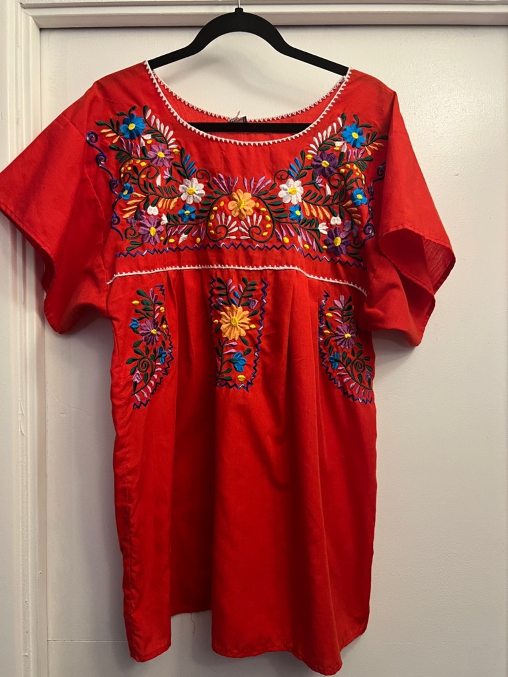 Embroidered Red Mexican Blouse Huipil Pueblo Blouse Size XL